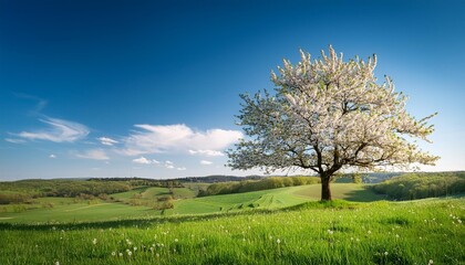 Wall Mural - single blossoming tree in spring on rural meadow