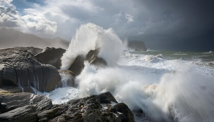 Wall Mural - waves crashing on rocks an energetic stormy seascape