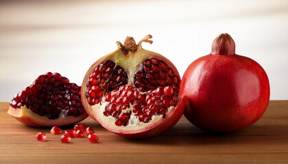 pomegranates whole and cut on wooden table