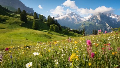 Wall Mural - a lush meadow filled with wildflowers in the swiss alps