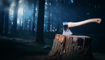 the axe stuck in the stump in a spooky night forest