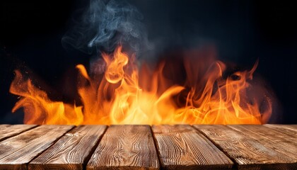 Wall Mural - wooden table with fire and smoke for product display