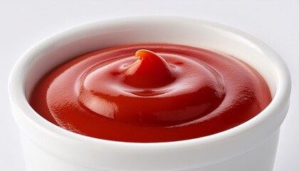 Poster - close up on a cup of ketchup sause on white background