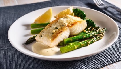 Wall Mural - cod fillet baked with garlic butter sauce served with fresh spinach and roasted asparagus on a white plate close up