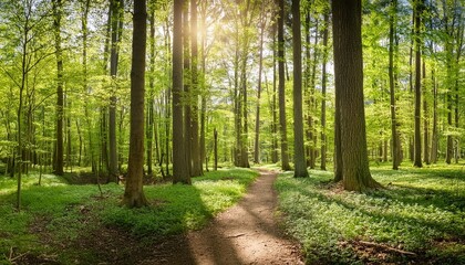 Wall Mural - panorama of footpath through sunny natural green forest in spring