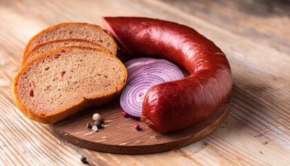 Wall Mural - smoked sausage with bread and onions on wood background snack appetizer calabrese sausage with onion