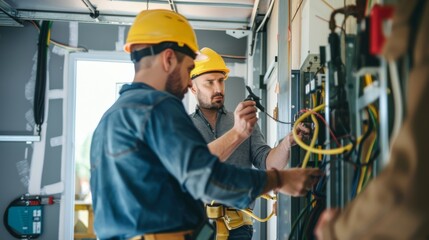 Two workers wearing helmets and safety gear are intently working on electrical wiring, demonstrating precision and teamwork at a construction site.