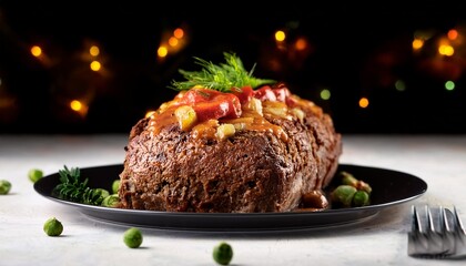 Wall Mural - delicious meatloaf with vegetable topping black and blurred background