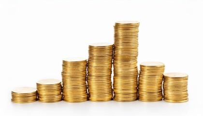 crooked stack of shiny gold coins isolated on white