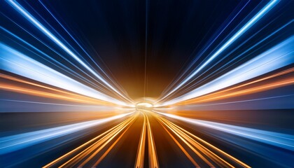 Wall Mural - a dynamic view of a tunnel illuminated with streaks of golden and blue lights suggesting rapid motion through a modern high speed passage during nighttime generative ai