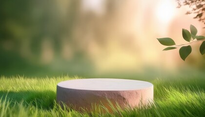 showcase the organic appeal of your products with an image featuring a minimal stone podium enhanced by warm pastel colors positioned amidst fresh green grass and natural sunshade