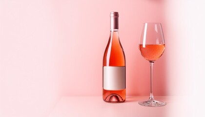 a blank bottle of rose wine with a wineglass on a pink background mockup template