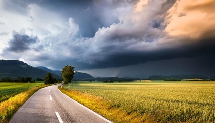 Wall Mural - road through field with storm clouds in tadten burgenland austria