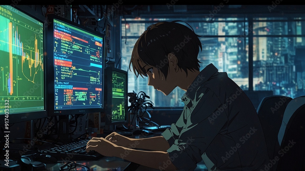 Computer Alone Boy alone in a room with computers. On the screen we see graphs and ...