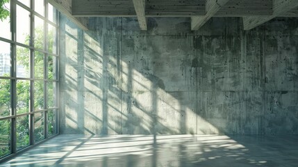 Poster - Room with large windows, sunlight, shadow, and concrete wall