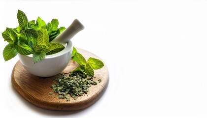 rustic board with fresh green and dried mint in a white mortar promoting healthy lifestyle and nutrition perfect for a copy space image