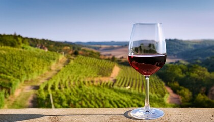 glass of red wine is sitting on ledge overlooking vineyard