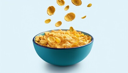 Wall Mural - dry corn flakes isolate in a blue ceramic plate part of the corn flakes is flying in the air traditional cornflakes breakfast concept