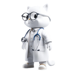 Cute White 3D Cat Doctor Wearing Glasses and Stethoscope - Isolated on Transparent Background, Medical Mascot, Healthcare Professional, Veterinary Clinic, Animal Care, Cartoon Character, 3D Render