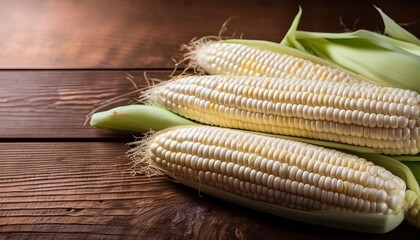 sweet white corn cobs on wooden table