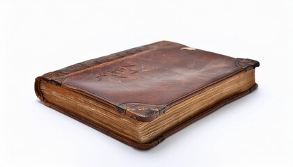 a worn leather bound book rests alone on a white background its aged paper whispering forgotten stories