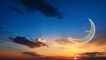 Wall Mural - crescent moon sky on dark blue dusk in the evening with sunset and beautiful sunlight on dark cloud symbols of islamic religion in ramadan