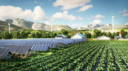 A scenic farm with solar panels, wind turbines, and lush green fields set against a backdrop of mountains, epitomizing sustainable agriculture.