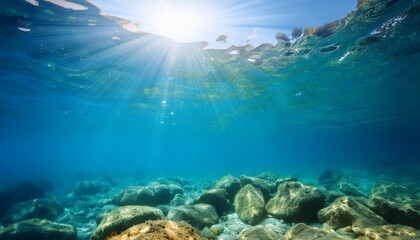 Wall Mural - bright sunlight shining through clear blue water warm summer ocean with rocky bottom