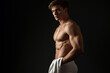 © Serge's AI Art - Athletic Young Man in White Underwear Holding Towel, Studio Fitness Modeling