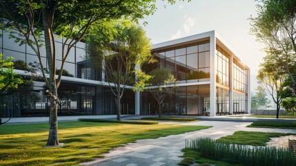 Wall Mural - A modern glass building complex, bathed in sunlight, surrounded by greenery and lush landscaping.