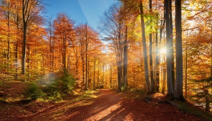 Wall Mural - forest path in beautiful autumn light with rays of sunlight blue sky and tall colorful beech trees