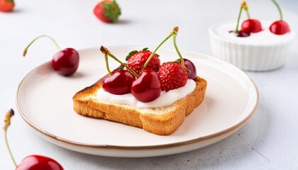 Wall Mural - yogurt dessert with berries strawberry and cherry on bakes toast