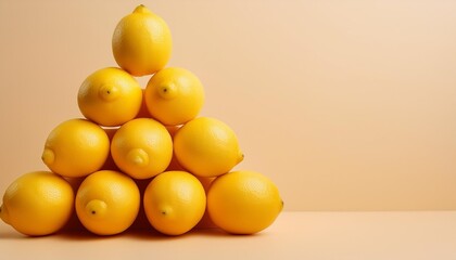 a pyramid of juicy yellow lemons on a beige background creative concept of fruits