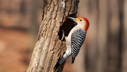 Wall Mural - red bellied woodpecker peeping through the tree hole