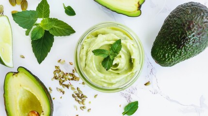 Wall Mural - Fresh avocado dip in a glass bowl surrounded by halved avocados, lime wedges, and basil leaves on a marble countertop.