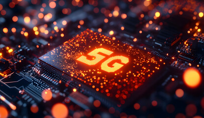 Fototapete - Circuit Board Details with a Prominent 5G icon, Representing Advanced Technology Embedded in the Core of Next-Generation Wireless network design