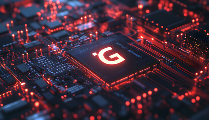 Fototapete - Circuit Board Details with a Prominent 5G icon, Representing Advanced Technology Embedded in the Core of Next-Generation Wireless network design