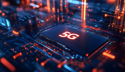 Fototapete - Circuit Board Details with a Prominent 5G icon, Representing Advanced Technology Embedded in the Core of Next-Generation Wireless network design