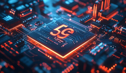 Fototapete - Circuit Board Details with a Prominent 5G icon, Representing Advanced Technology Embedded in the Core of Next-Generation Wireless network design