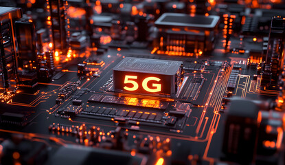 Fototapete - Circuit Board Details with a Prominent 5G icon, Representing Advanced Technology Embedded in the Core of Next-Generation Wireless network design