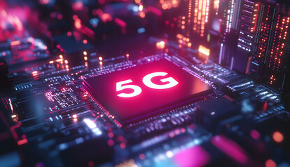 Fototapete - Circuit Board Details with a Prominent 5G icon, Representing Advanced Technology Embedded in the Core of Next-Generation Wireless network design