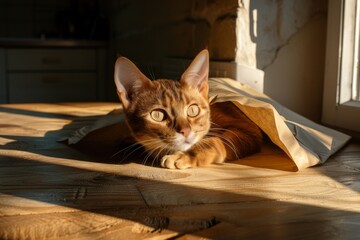 A red cat lies in a cardboard box. Close-up. Beautiful simple AI generated image in 4K, unique.