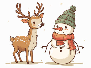 Wall Mural - Deer and Snowman. Cute cartoon card happy new year and christmas