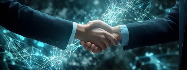 A handshake between two business people, symbolizing a connection and collaboration in the digital world with blockchain technology