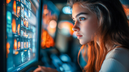 A woman IT specialist works at a monitor in the office