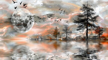 Wall Mural - The crescent moon reflects the sky, birds fly 