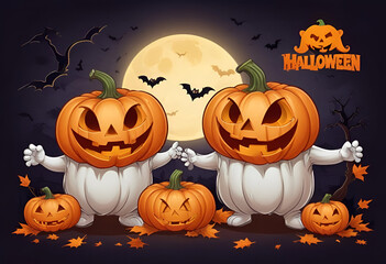 two cartoon ghost, a jack-o-lantern pumpkin, and other Halloween decorations against ablack background 