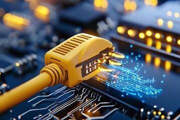 Poster - CloseUp of Yellow Network Cable Connecting Electronic Device