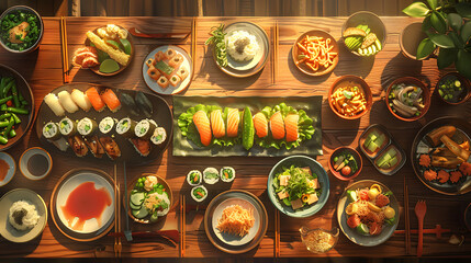 Japanese restaurant dinner table spread in top-down view, array of beautifully plated sushi, sashimi, tempura, surrounded, fresh salads, traditional Japanese food