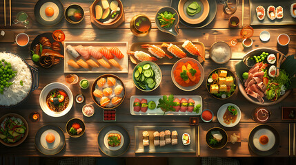 Japanese restaurant dinner table spread in top-down view, array of beautifully plated sushi, sashimi, tempura, surrounded, fresh salads, traditional Japanese food